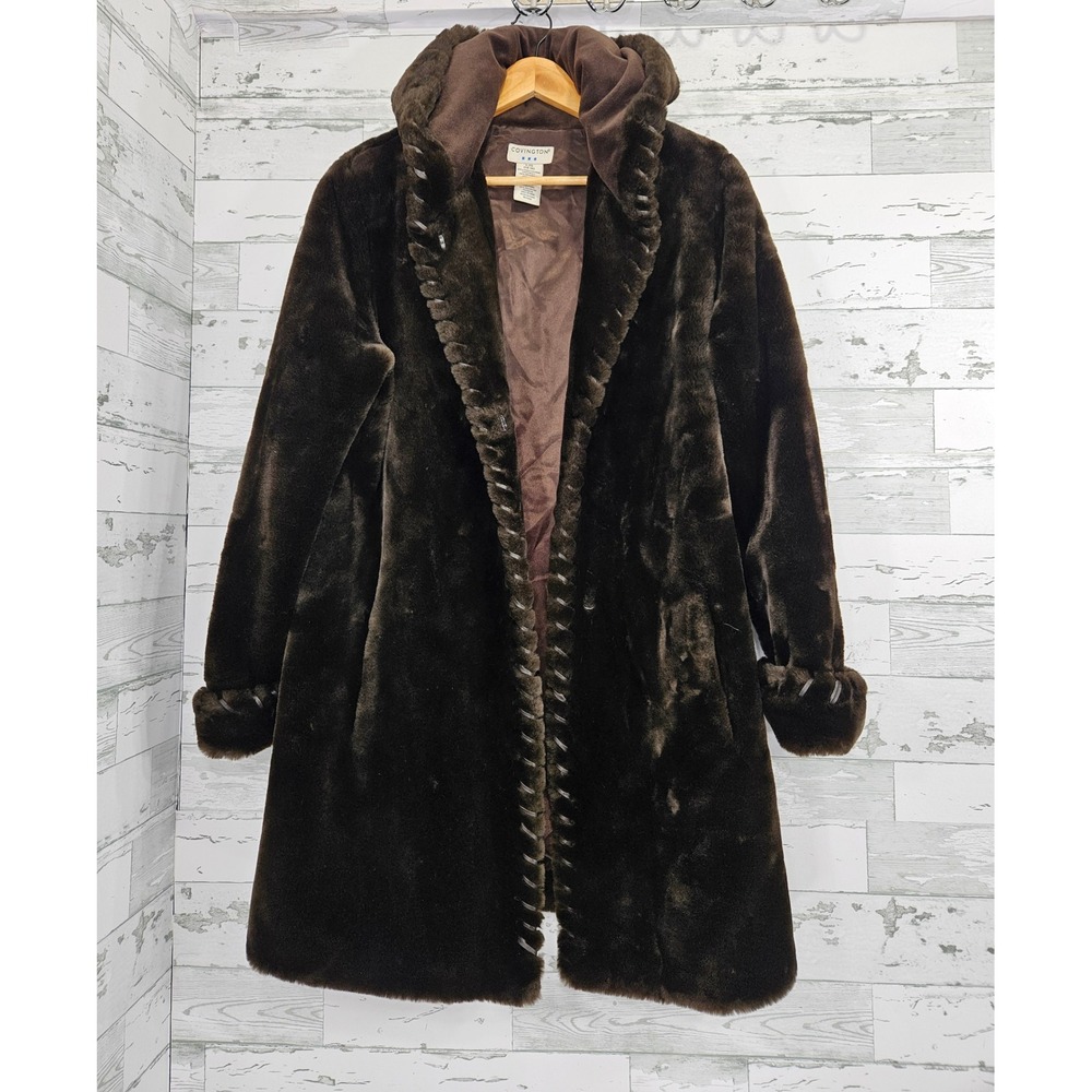 Covington Brown Faux Fur Hooded Coat Whipstitch Trim Size Large L 14-16
